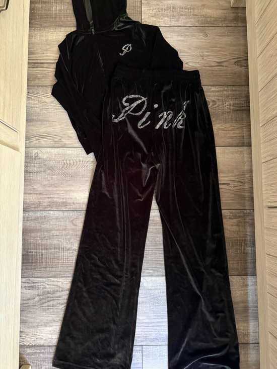 PINK Victoria's Secret Other - PINK Victoria's Secret Black Velour Sweatset with Rhinestone Logo